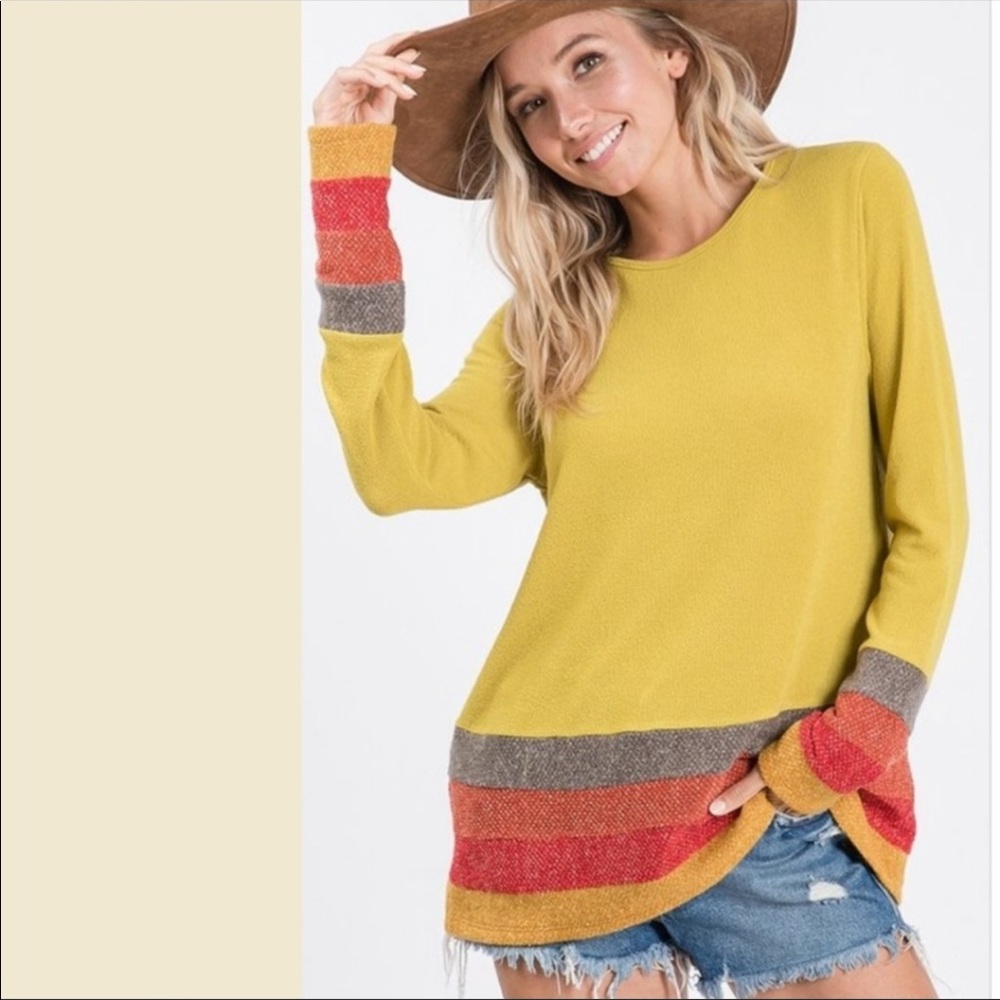 (M-8/10) Mustard sweater w/ striped sleeves & hem - Picture 2 of 8